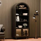 Wooden Arched Display Storage Cabinet with Glass Door, LED Lights,Showcase for Collections, Perfume, Vinyl Albums, Bookcase for Home Office, Living Room, Clinic, Pantry (Black-Arched top)