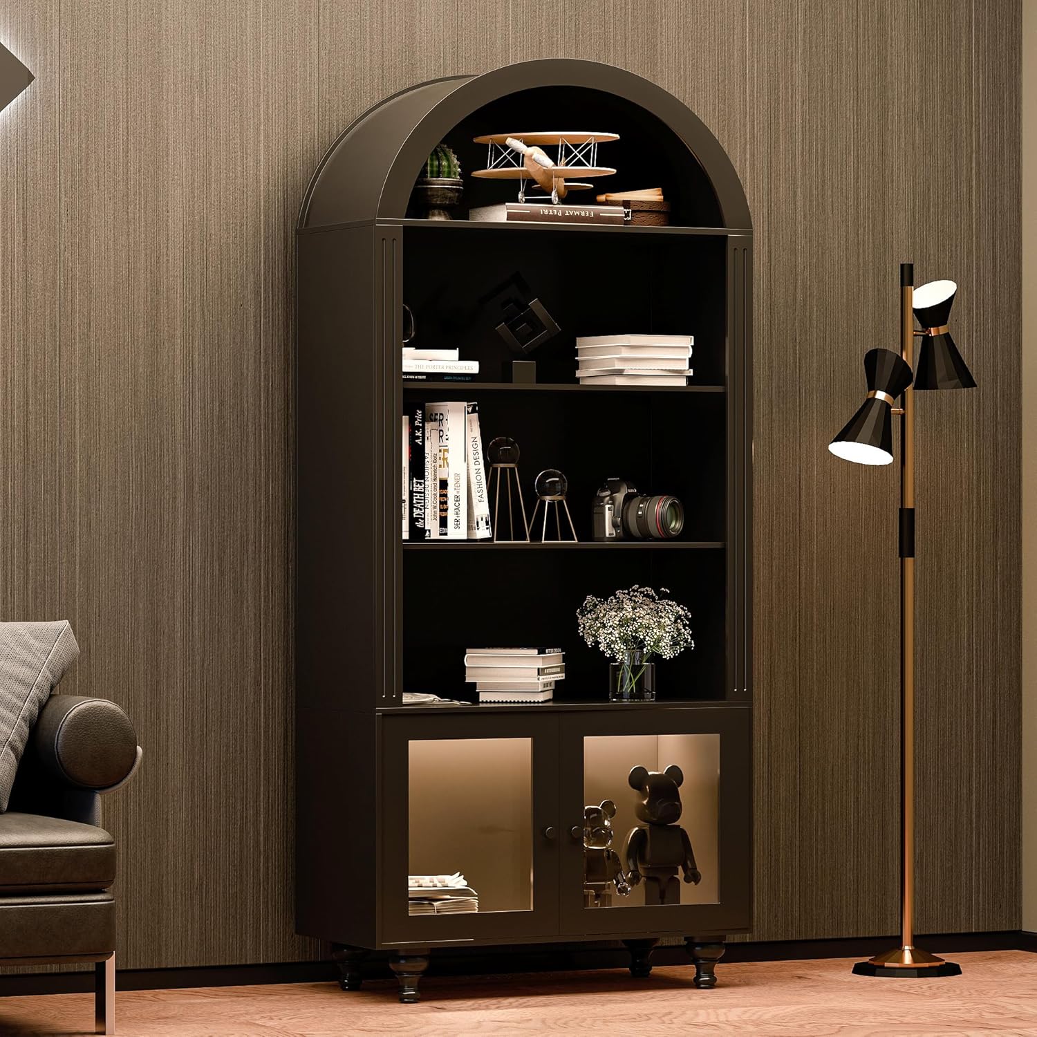 Wooden Arched Display Storage Cabinet with Glass Door, LED Lights,Showcase for Collections, Perfume, Vinyl Albums, Bookcase for Home Office, Living Room, Clinic, Pantry (Black-Arched top)