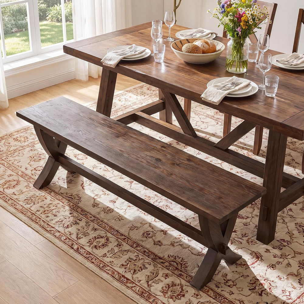 59" Solid Wood Entryway Bench, Farmhouse Long Dining Bench Seat with X-S...