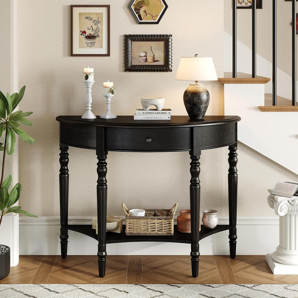 LUMISOL Half Moon Entryway Table with Drawer & Shelf, Black | Rustic Cons...