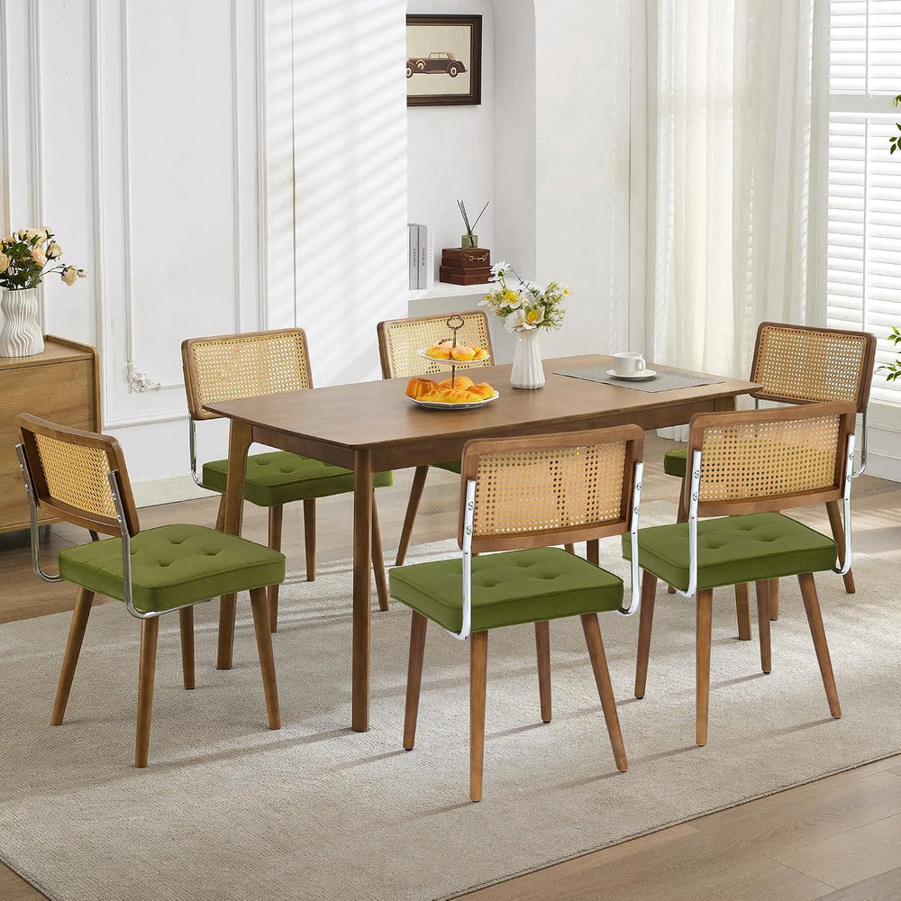 GarveeHome Natural Rattan Dining Chairs Set of 6, Velvet Upholstered Kitchen ...