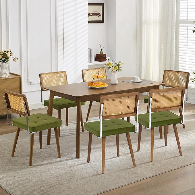 GarveeHome Natural Rattan Dining Chairs Set of 2, Velvet Upholstered Kitchen Chairs with Tall Cane Backrest and Strong Wood Legs for Dining Room, Kitchen, Restaurant, Green