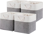 13 x 13 Inch Cube Storage Bins, 4 Pack Large Collapsible Fabric Storage Bin with Ropes, Foldable Storage Cubes for Home, Office,Closet, Clothes, Toys Organizer (White & Grey)