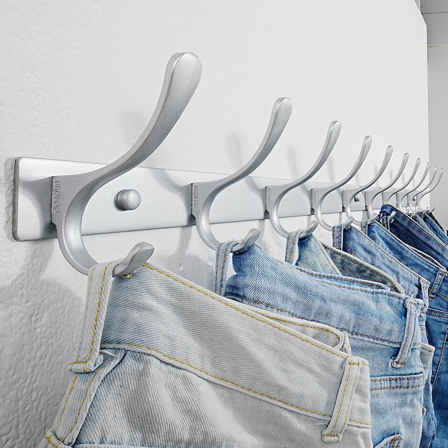 SKOLOO Coat Rack Wall Mounted - 10 Hooks, Heavy Duty, Stainless Steel, Metal Wall Hanger, Sturdy Coat Hooks for Hanging Coats, Jacket, Clothes, Hat, Cold Light Silver