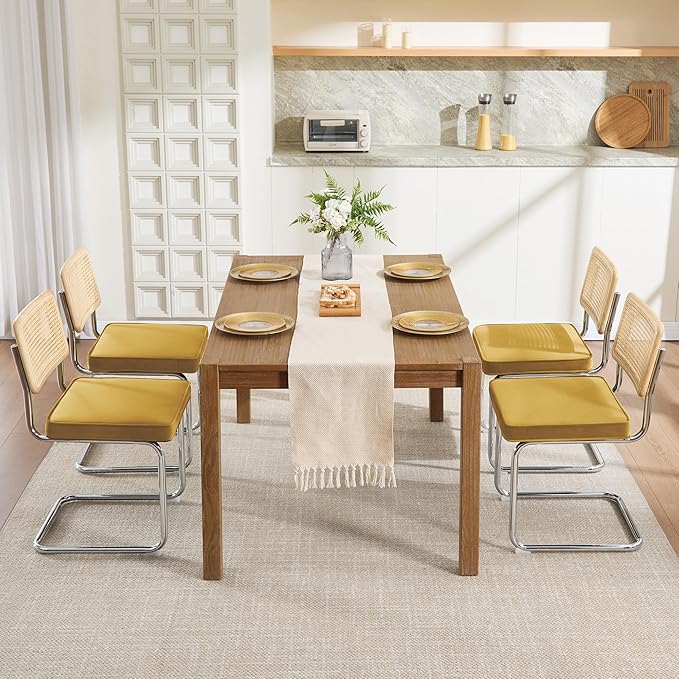 Zesthouse Rattan Dining Chairs Set of 6, Mid Century Modern Dining Room Chairs with Natural Cane Mesh & Chrome Base, Yellow Velvet Cesca Chair, Farmhouse Kitchen Chair with Solid Wood Frame Back