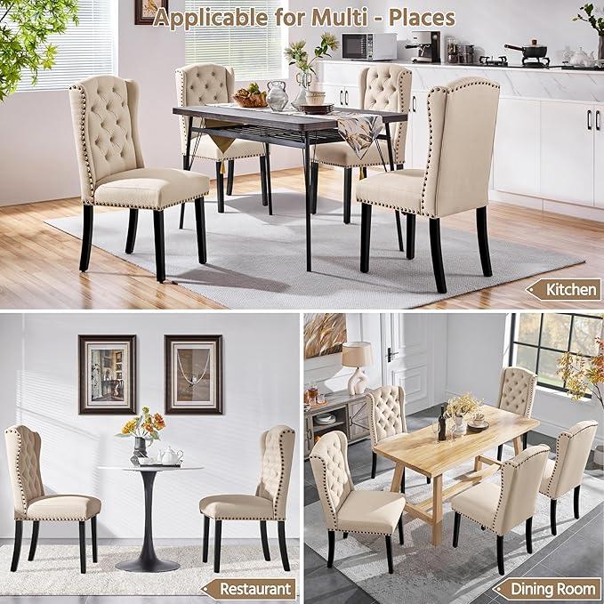 Yaheetech Upholstered Dining Chairs Set of 2 Button Tufted Kitchen Chairs with Solid Wood Legs and Nailhead Trims for Dining Room, Living Room, Restaurant, Beige