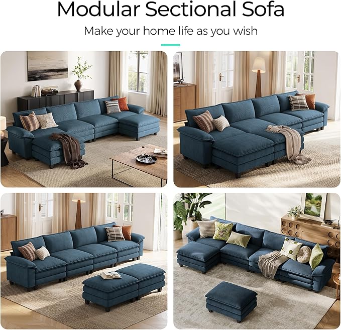 LINSY HOME 157'' Modular Sectional Sofa Blue Couch Corduroy Cloud Couches for Living Room, U Shaped Couch with Movable Ottoman, Modern Cloud Sectional Sofas for Bedroom and Apartment, Blue