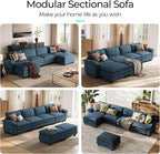 LINSY HOME 157'' Modular Sectional Sofa Blue Couch Corduroy Cloud Couches for Living Room, U Shaped Couch with Movable Ottoman, Modern Cloud Sectional Sofas for Bedroom and Apartment, Blue
