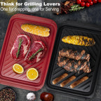 Large Grilling Prep and Serve Trays, BBQ Platter for Raw and Cooked Food, Melamine Serving Trays for Food, Set of 2, Black and Red, Napkin and Cleaning Clothes Included
