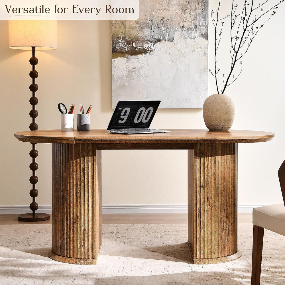 T4TREAM Fluted 63" Oval Dining Table for Kitchen Living Room, Rustic Brown