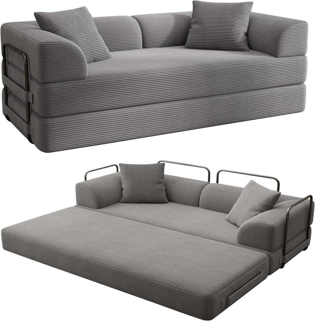 Cloud Boneless Couch Futon Sofa Bed, 5-in-1 Convertible Sofa Bed Pull Out Couch Sleeper Sofa Compressed Loveseat, 70" High-Density Sponge & Corduroy Fabric Futon Daybed for Living Room Bedroom (Gray) | 5-in-1 Convertible