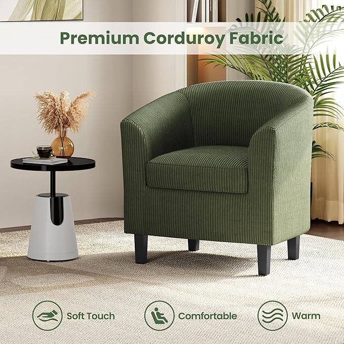 Yaheetech Corduroy Barrel Chair, Upholstered Club Accent Chair, Round Armchair with Soft Cushion for Living Room Bedroom Reading Room, Dark Green