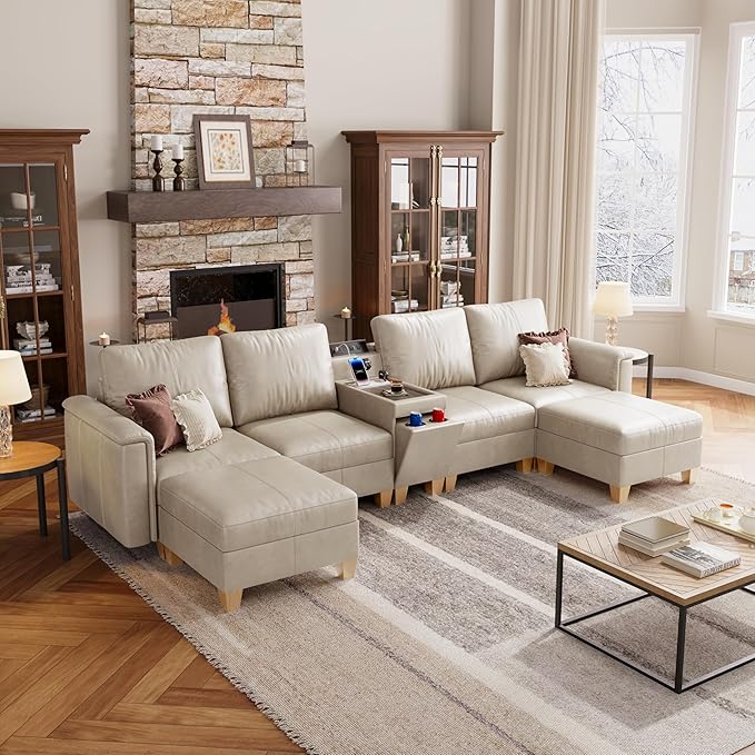 SITJOY 132" Faux Leather Modular Sectional Sofa with Storage, Mid Century Modern Sectional Couches for Living Room, 6 Seat U Shaped Couch with Ottoman and Console Table, Hidden Cupholders, Greige