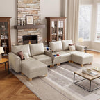 SITJOY 132" Faux Leather Modular Sectional Sofa with Storage, Mid Century Modern Sectional Couches for Living Room, 6 Seat U Shaped Couch with Chaise and Console Table, Hidden Cupholders, Greige