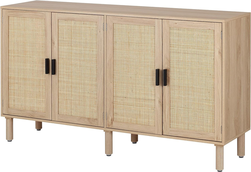 Finnhomy 4 Door Sideboard Buffet Cabinet, Kitchen Storage Cabinet with Rattan...