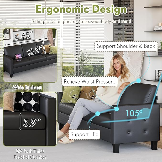 STHOUYN 73” Black Faux Leather Sofa Couch, Modern Comfy Office 3 Seater Couch Loveseat with Tufted Armrest and USB, Small Love Seat Couches for Living Room, Bedroom, Apartment