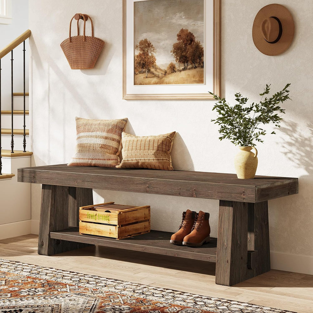 63'' Solid Wood Entryway Bench with Open Shelves, 2-Tier End of Bed B...