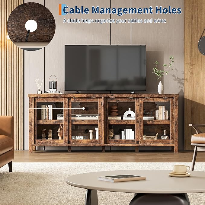 GAOMON TV Stand for 65" with Entertainment Center, Storage Cabinet, 4 Sliding Glass Doors, Mid Century Modern Media TV Console Table for Living Room Bedroom, Retro Brown