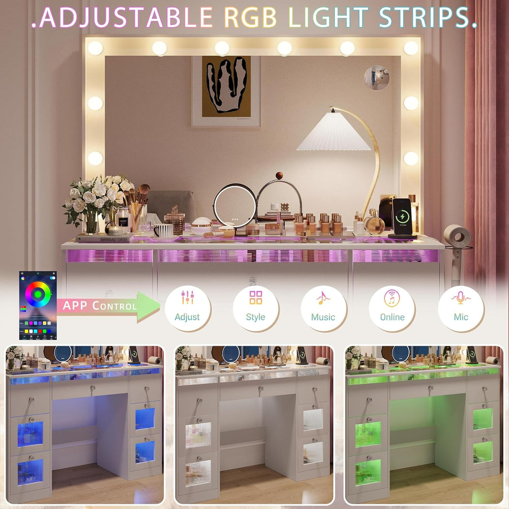 Glass Top Vanity Desk, Makeup Vanity Desk White Dressing Table 36.9" Mir...