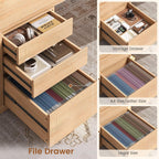 SEDETA 63" L Shaped Desk with 3 Drawers, Modern Executive Office Desk with File Drawer, Wood Corner Computer Desk with Relief Texture, Home Office Desk with Power Outlet, Natural
