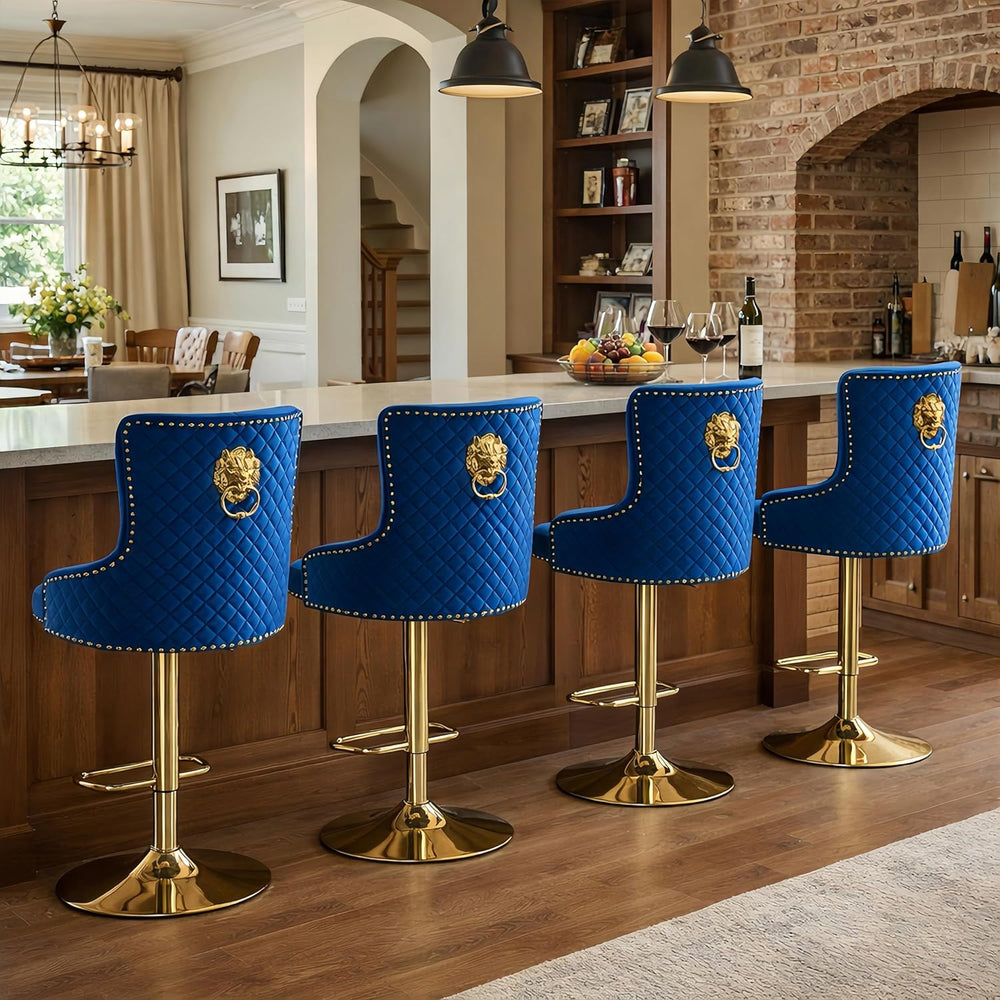 Gold Barstools Set of 4,Velvet Swivel Bar Height Stools with Lion Pull Ring,U...
