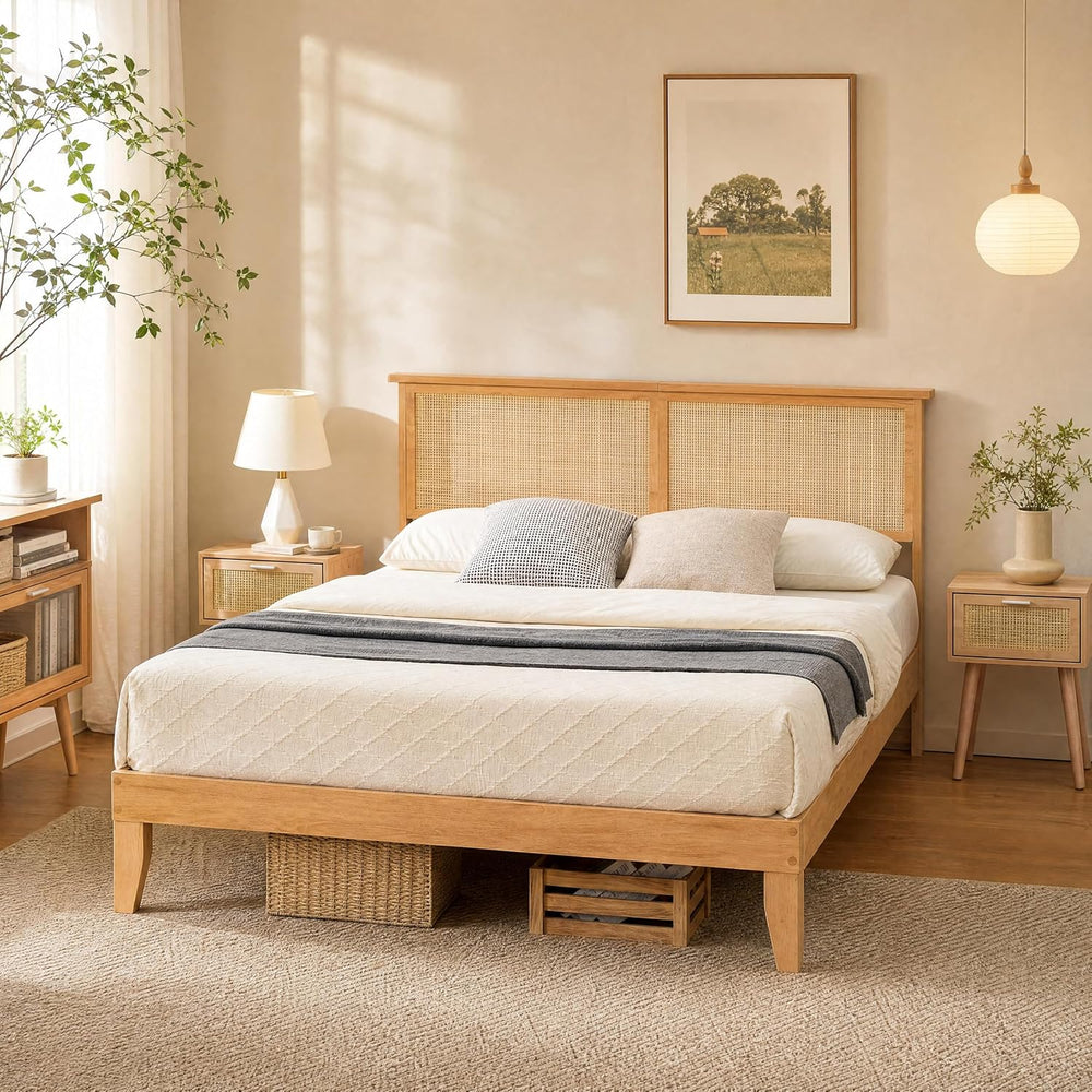 IDEALHOUSE Queen Size Rattan LED Platform Bed, Natural