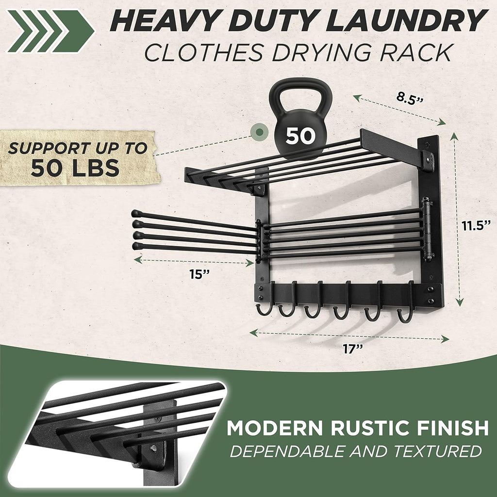BATODA Wall-Mounted Steel Clothes Drying Rack - Swivel Towel Hanger for Laundry Room & Bathroom - Space Saver (Steel)