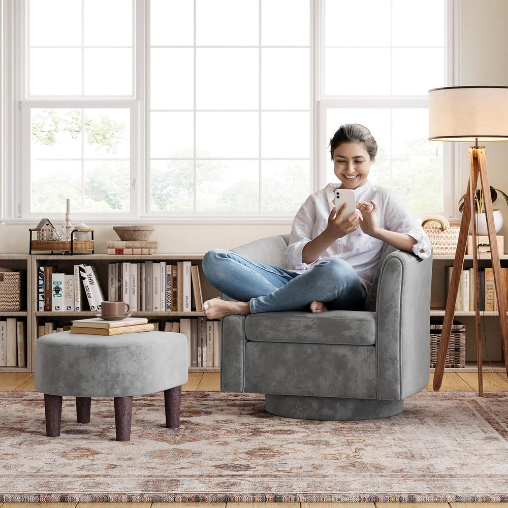LINSY Swivel Accent Chair with Ottoman: Small Velvet Barrel Chair 360 Swivel ...