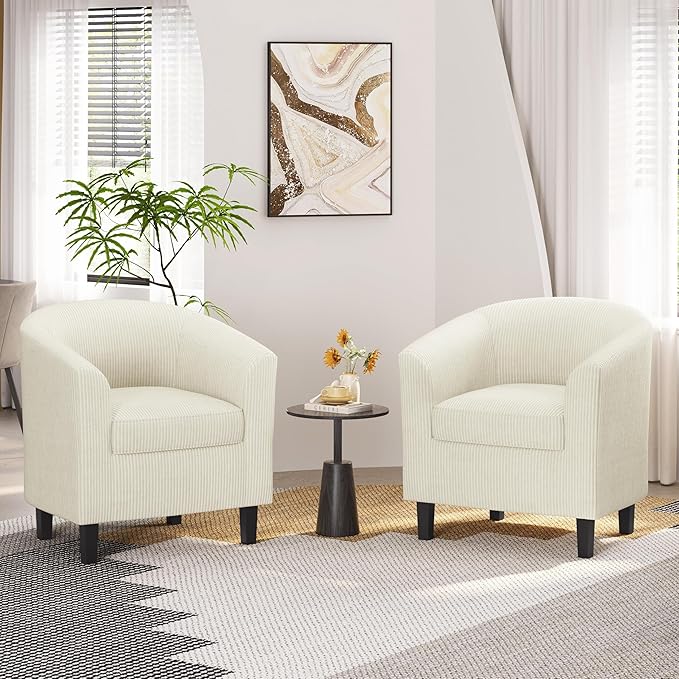 Yaheetech Corduroy Barrel Chairs Set of 2, Upholstered Club Chairs Accent Chairs, Round Armchairs Waiting Room Chairs with Soft Cushion for Living Room Bedroom Reading Room, Beige