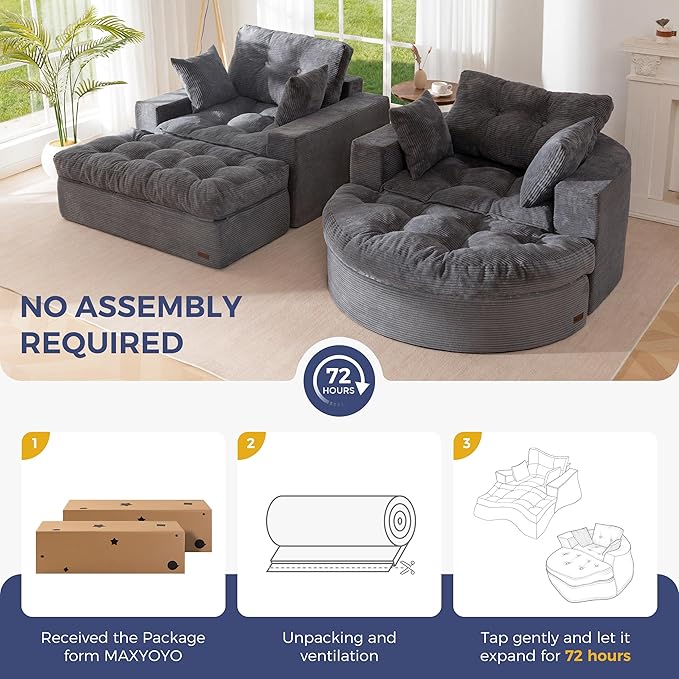 MAXYOYO Modular Sectional Chaise Lounge Sofa, 2 Sets Upholstered Lounge Chair with Ottoman, Comfy Round+ Square Couch with Layered Cushion, Tufted Sleeper Chair for Living Room, No Assembly, Dark Grey