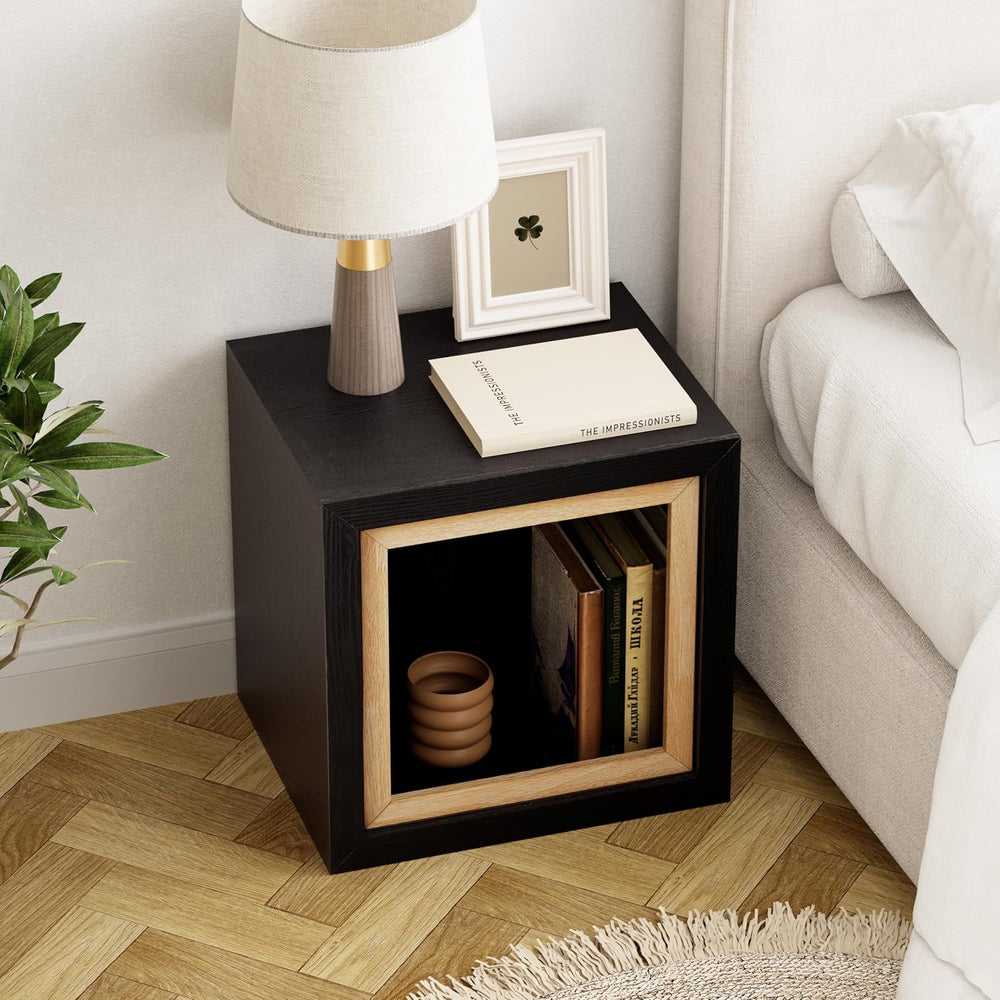 Aoikax Modern Cube End Table with Open Center Shelf, Geometric Wood Side Tabl...