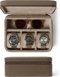 TAWBURY Watch Case - 3 Slot Portable Watch Storage Box for Home & Travel with Extra Wide Pillows for Large Watches and Compartment for Accessory Storage (Taupe)