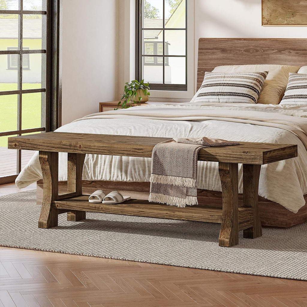 Solid Wood Storage Bench, Farmhouse Entryway Bench, Long Indoor Dining Seat for Hallway, Bedroom, Living Room, Dining Room, Easy Assembly, Dark Brown