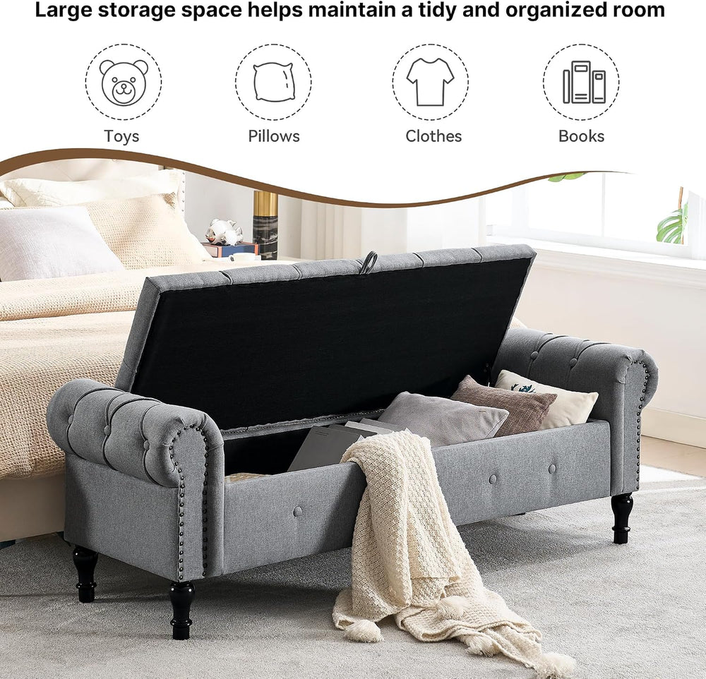 Storage Bench 67" Linen End of Bed Benches Grey | King Size Storage Benc...