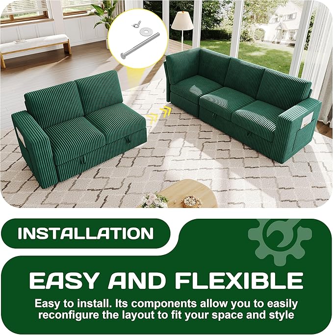 83.5" Sectional Sleeper Sofa with Pull Out Couch, Modern 5 Seat L Shaped Modular Couch,Green Sectionals Modular Sofa with Storage, Comfy Corduroy Couches Sectional for Living Room & Apartment