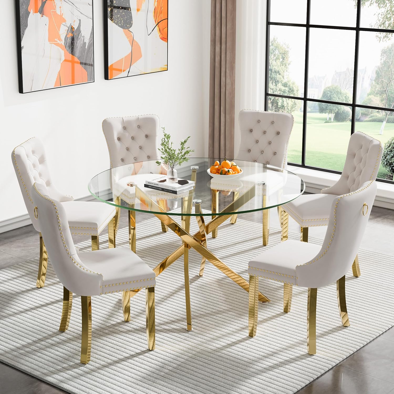 SSLine 7-Piece Round Glass Dining Table Set for 6, Modern Glass Kitchen Table and Chair Set for 6, 47.2" Circle Dining Room Table with 6 Beige Tufted Chairs for Kitchen Home Office