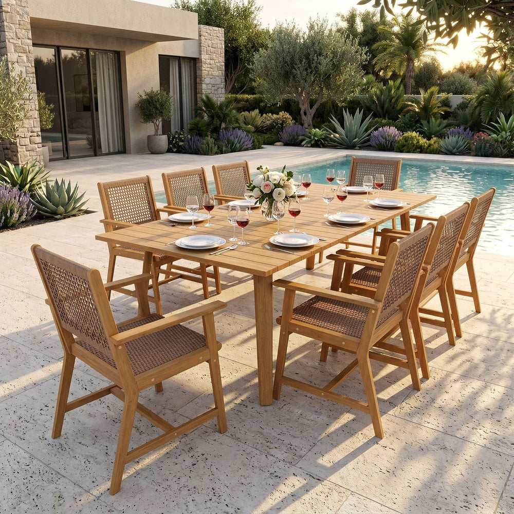 Sophia & William 9pc Outdoor Dining Set, Acacia Wood and Rattan，Dark Brown