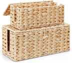 Posprica Cable Management Box with Lid, 2 Pack Handwoven Faux Ratten Cord Hider Organizer Boxes, 2 Side Open Slots Storage Box to Hide Cords and Power Strip for Desk, Floor, Office
