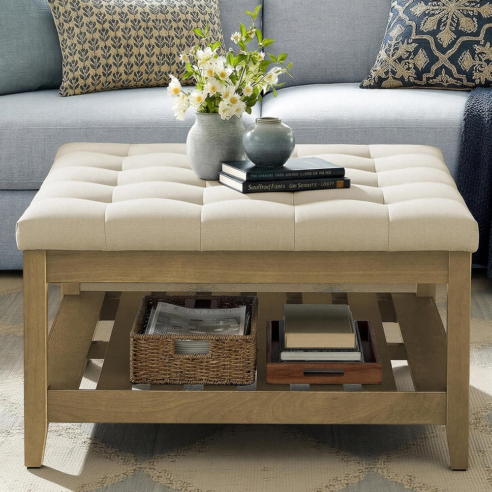 SONGMICS Storage Ottoman with Solid Wood Frame, Square Upholstered Ottoman Co...