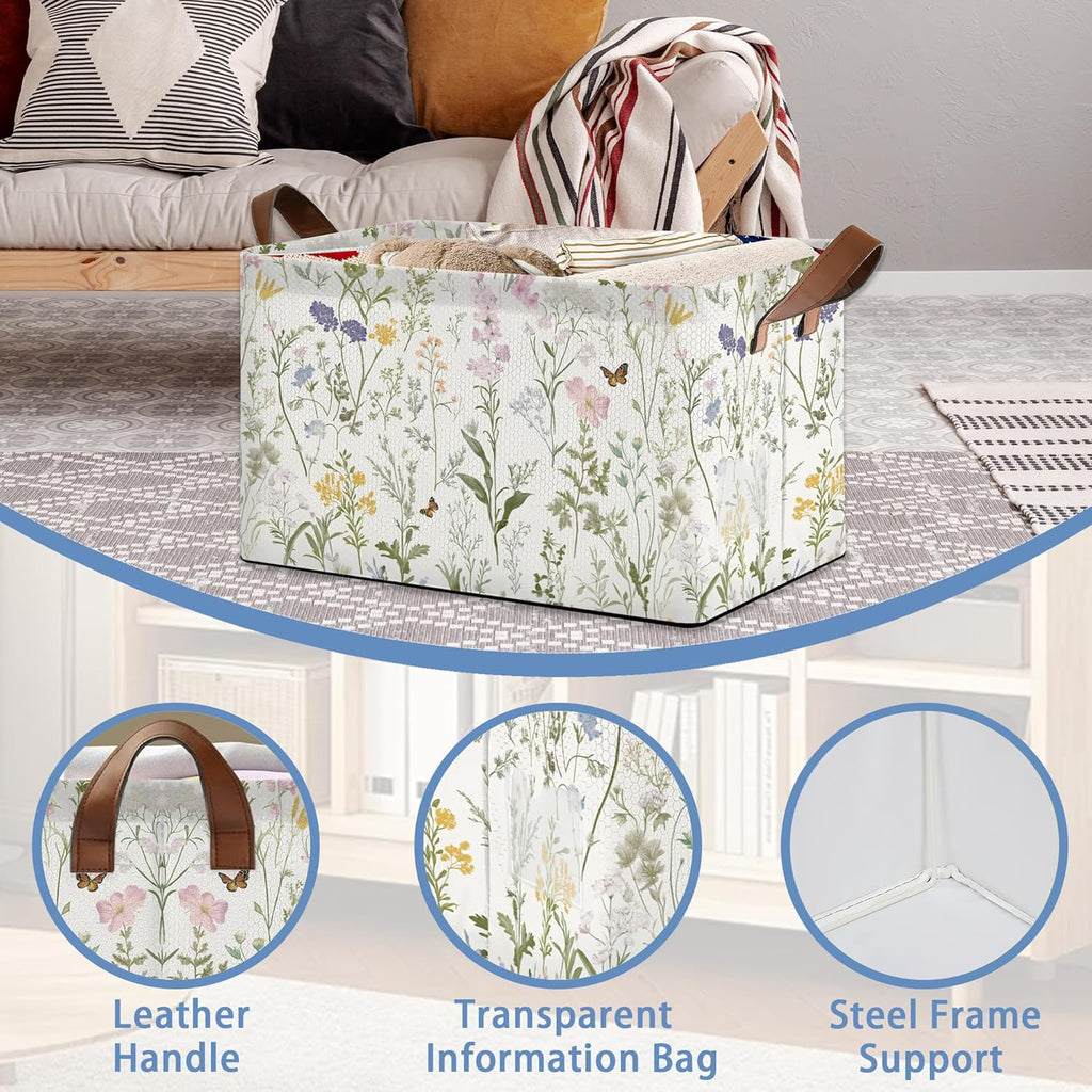 Wildflowers Butterfly Storage Baskets,Plants Botanical Foldable Large Capacity Organizer Bins with Waterproof Lining and Leather Handles for Closet,Shelf,Bedroom 17x11.5x10Inch