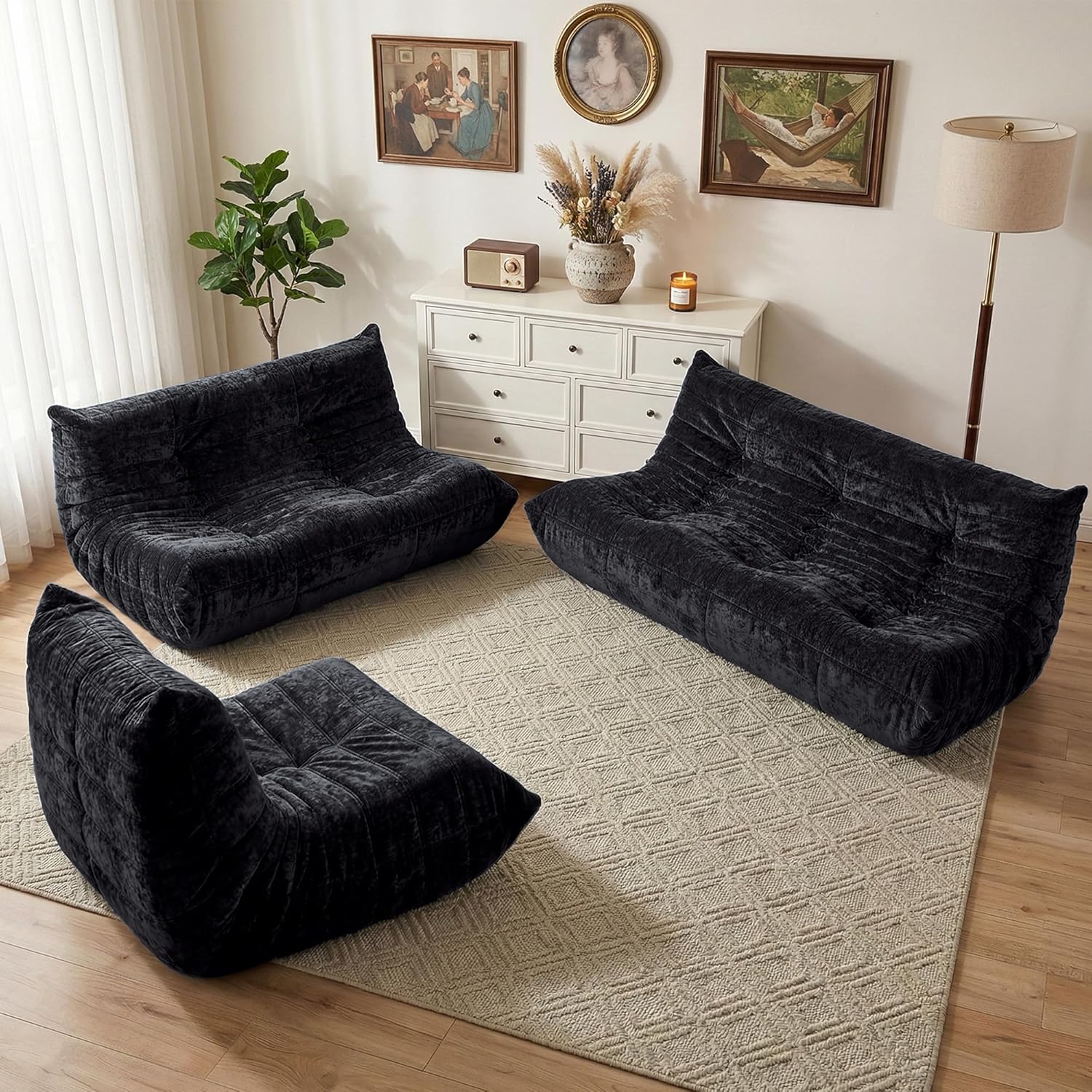 HABUTWAY Bean Bag Chair, Giant Bean Bag Chairs for Adults, Loveseat Fireside Chair, 2 Seater Lazy Bean Bag Sofa Memory Foam Couch for Living Room, Bedroom, Office (Black)
