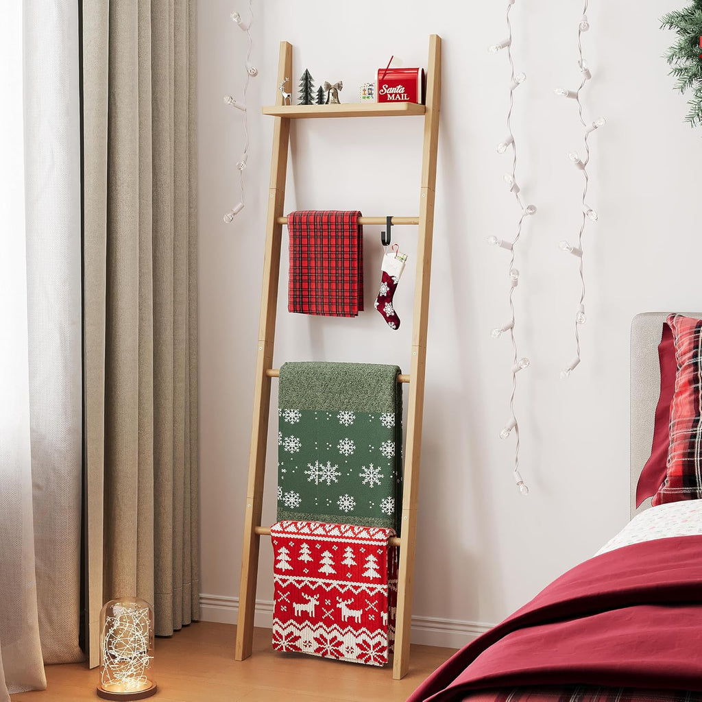 63" Bamboo Blanket Ladder with Shelf and 5 Hooks, Leaning Blanket Rack | 4 Tier Farmhouse Towel Ladder Rack, Decorative Quilt Rack Holder for Living Room Bedroom Bathroom, Natural Wood