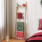 63" Bamboo Blanket Ladder with Shelf and 5 Hooks, Leaning Blanket Rack | 4 Tier Farmhouse Towel Ladder Rack, Decorative Quilt Rack Holder for Living Room Bedroom Bathroom, Natural Wood