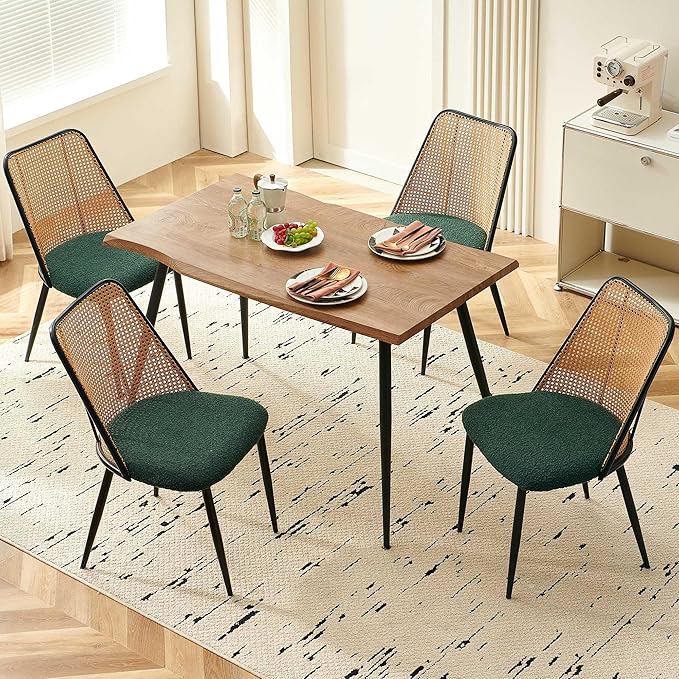 Modern Kitchen Dining Table Set for 4, 5 Pieces Wooden Breakfast Dining Table Set with 4 Upholsetered Boucle Dining Chairs Rattan Backrest,Metal Legs for Dining Room,Living Room