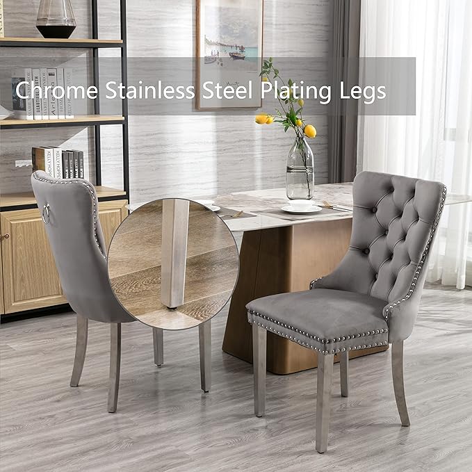 Velvet Dining Chairs Set of 2, Upholstered Dining Room Chairs with Back Ring Pull Trim and Sliver Stainless Steel Legs,Tufted Wingback Chair Perfect for Dining Room,Kitchen(Grey)