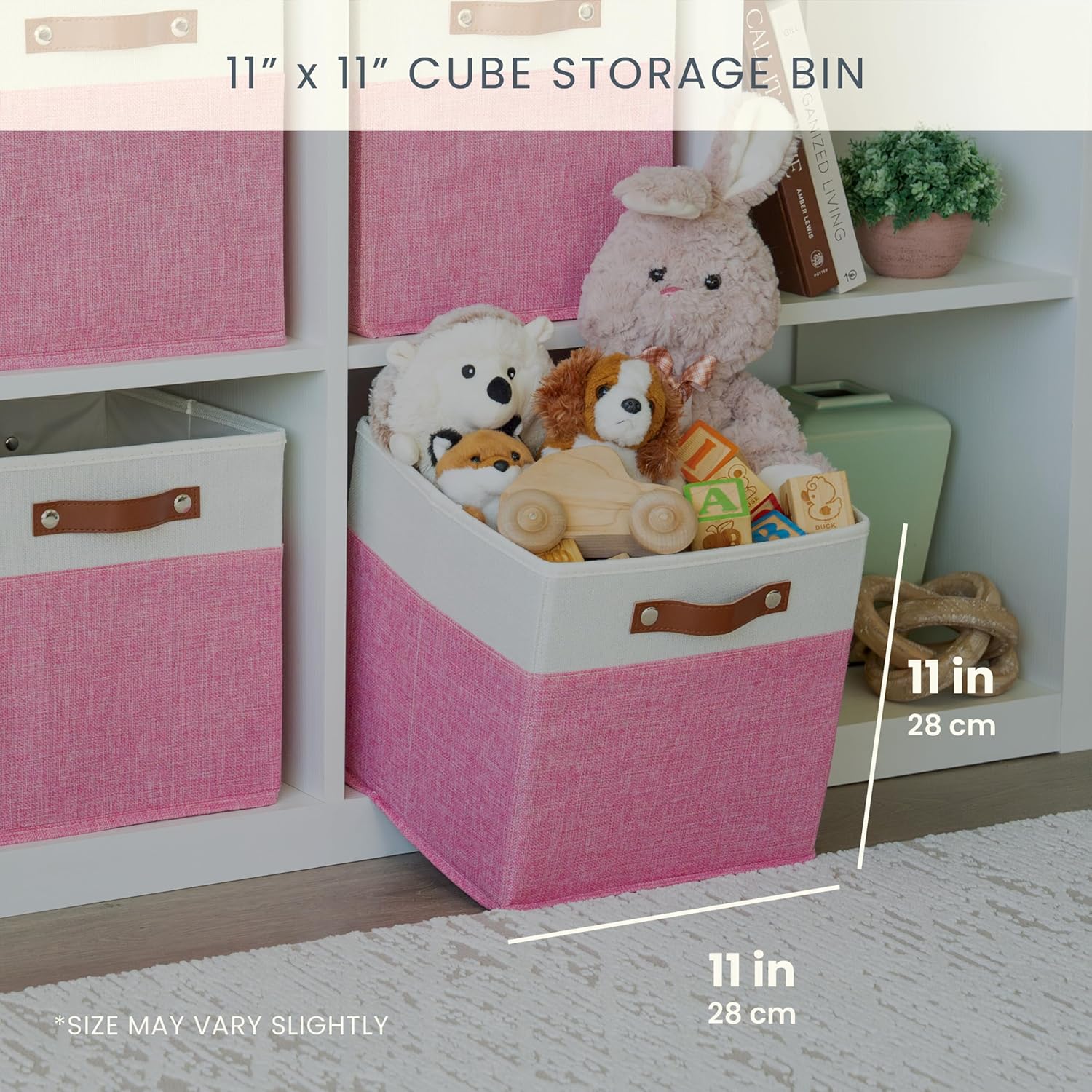 OrganiHaus 11" x 11" x 11" Fabric Cubes Storage Bins Set of 4, Foldable Collapsible Canvas Storage Bins for Organizer, Toy Organizer for Kallax, 11 Inch Linen Cube Shelf Baskets - Pink/White