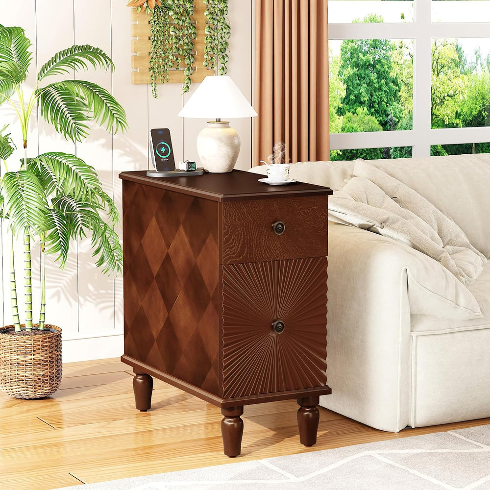 Mid Century Modern Narrow End Table with Charging Station, Skinny Side Table ...