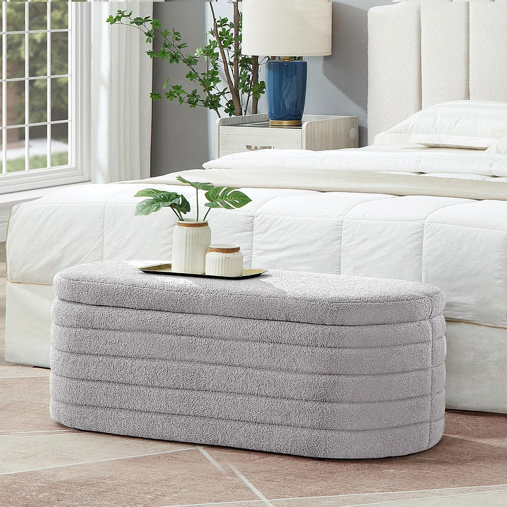 Storage Ottoman Bench End of Bed for Bedroom, Boucle Upholstered Entryway Sho...