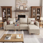 SITJOY 105" Faux Leather Modular Sectional Sofa with Storage, Mid Century Modern Sectional Couches for Living Room, 4 Seat L Shaped Couch with Ottoman and Console Table, Hidden Cupholders, Greige