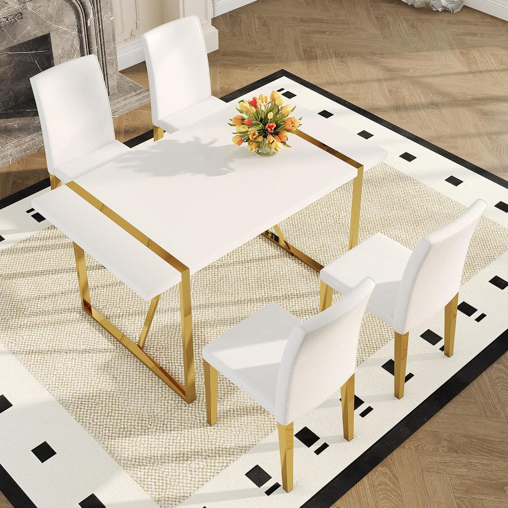 55" White Dining Table Set for 4, Modern Dining Table Set for 4, White G...